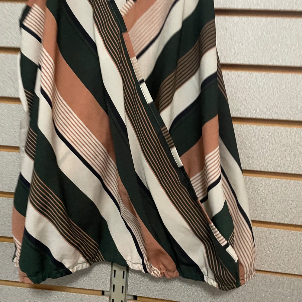 Womens XL Striped Wrap V Neck Cami Tank Top Green Peach White - Picture 2 of 5